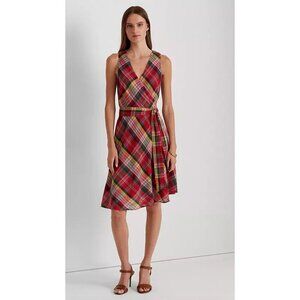 Lauren Ralph Lauren Women Fit & Flare Dress Plaid Crinkle Cotton Sleeveless Belt